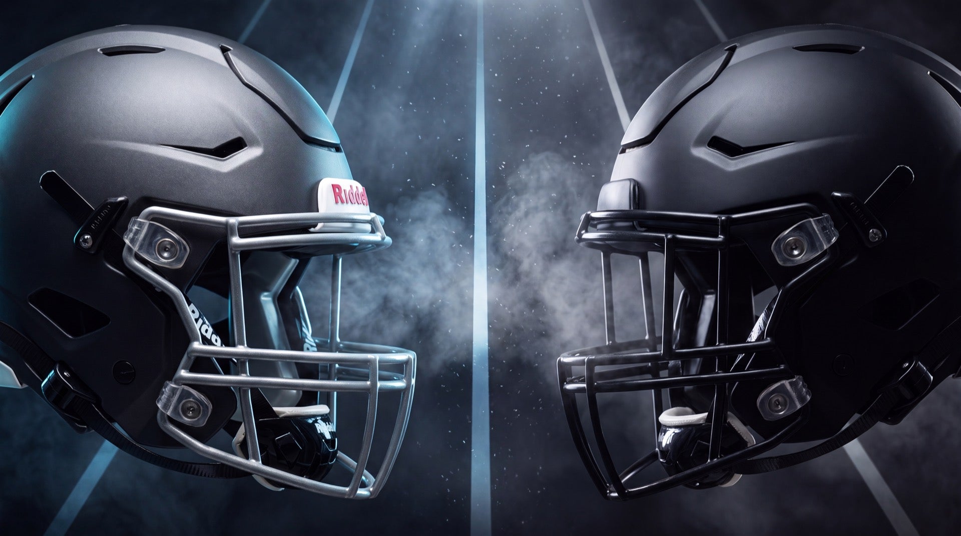 Riddell SpeedFlex helmet facing off against a rival football helmet in cold blue stadium light, representing the Axiom vs SpeedFlex vs Schutt F7 comparison