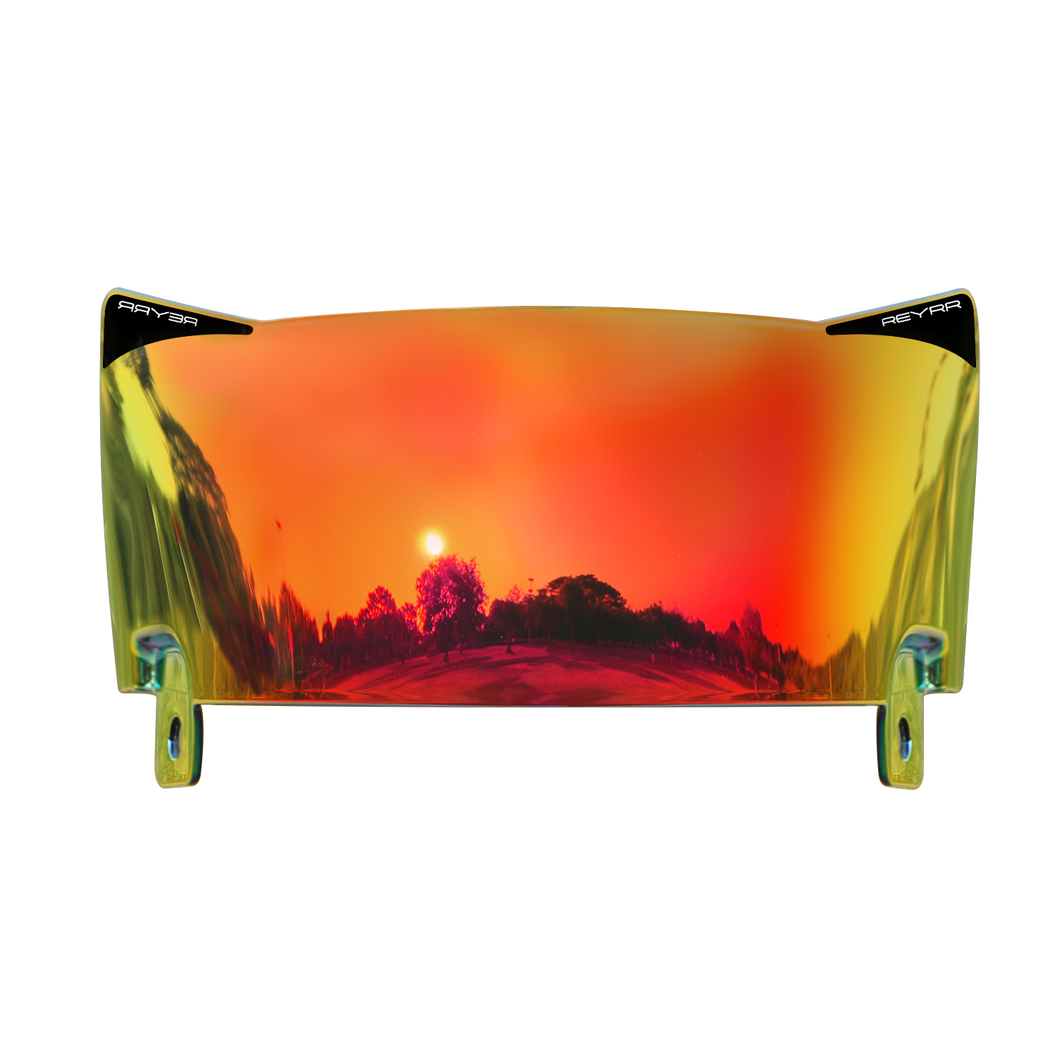 Reyrr VIZU Inferno football visor with ultra-wide, distortion-free red lens for Riddell Speedflex and Schutt F7 helmets, offering UV protection and LuxeXray Optics technology.