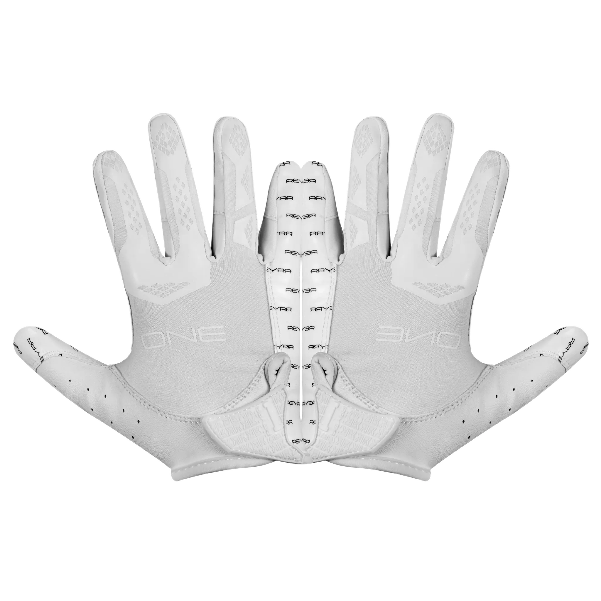 Reyrr ONE football gloves with GripTack Pro palm, Flexi-Mesh breathable material, silicone grip reinforcements, and VentraCool technology for superior grip and comfort.