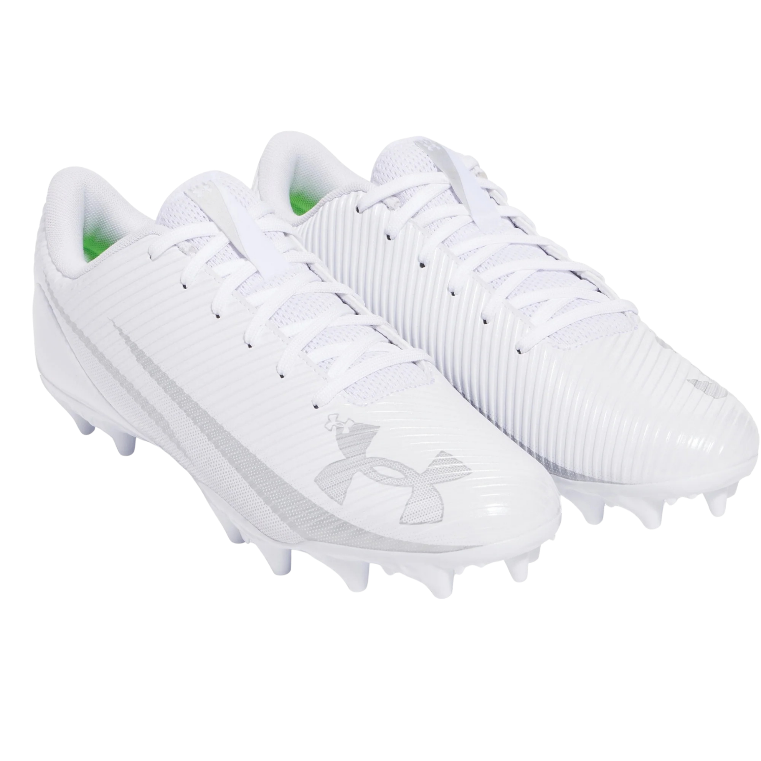 Under Armour Blur Select cleats in white, front angled view of the pair