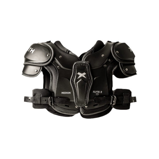 Xenith Flyte 2 youth football shoulder pads in black with low-profile design and premium impact foam for optimal protection and flexibility.