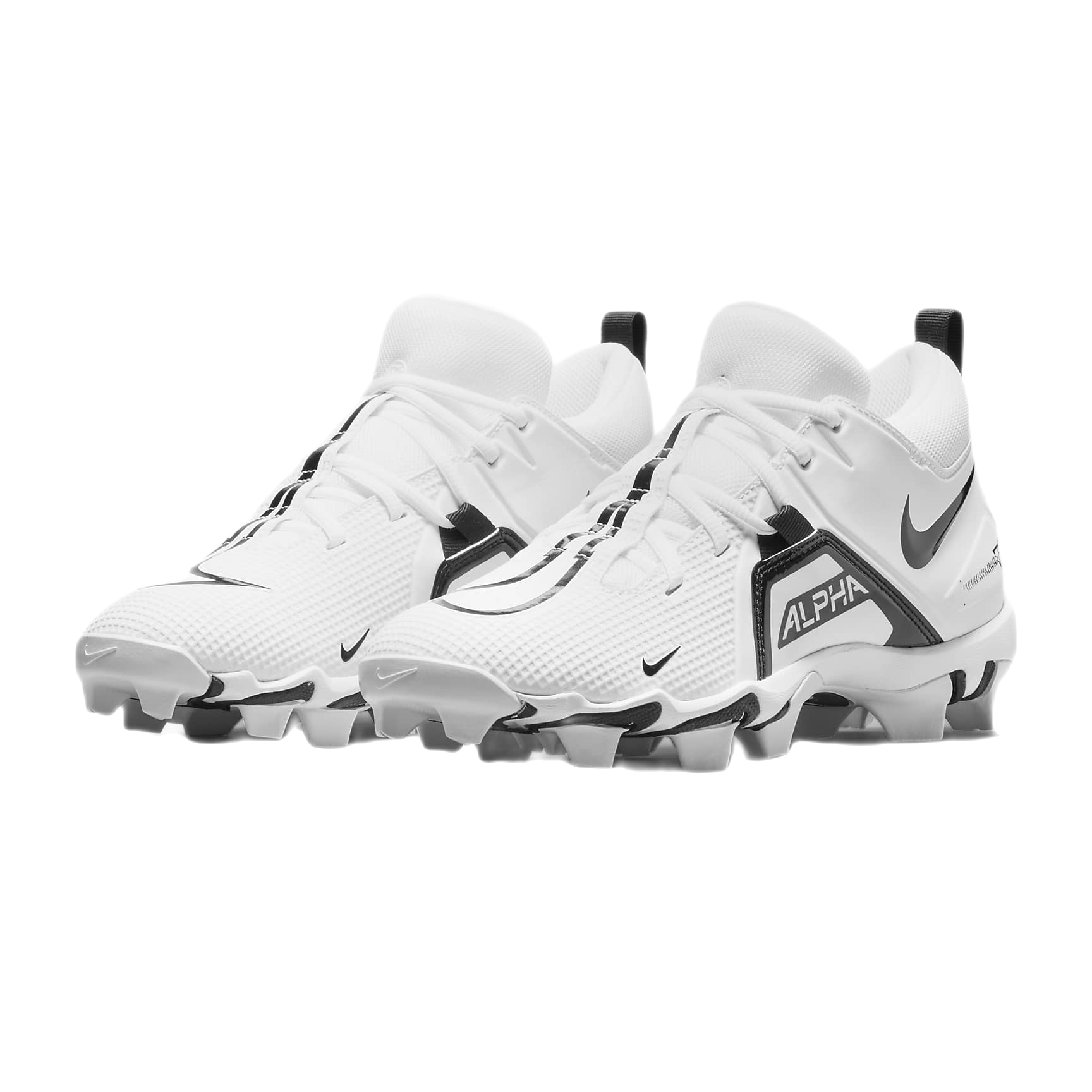 White Nike Alpha Menace Shark 3 cleats with aggressive rubber soles and synthetic leather upper for durable, supportive athletic performance