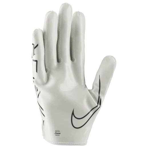 White Nike Vapor Jet 7 football glove with black swoosh logo and streamlined design for improved grip and breathability