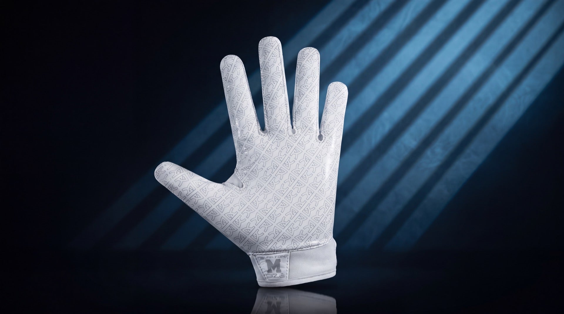 White Reyrr ZERO receiver glove with grip pattern in cold blue striped studio light