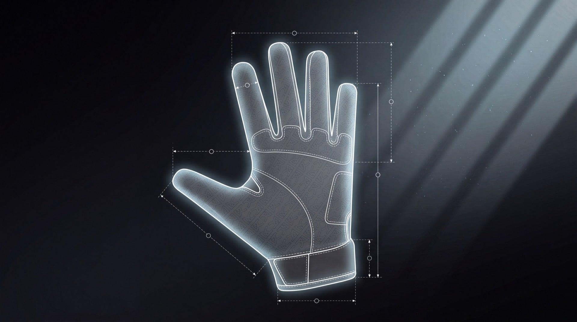 Football glove shown as a technical blueprint with measurement lines on a dark background, cover for how to wash football gloves