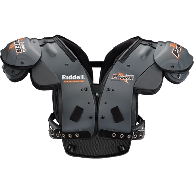 Riddell Power PMX football shoulder pads with energy management bodies, swivel pivot arch attachment, and adjustable pivot belting system.