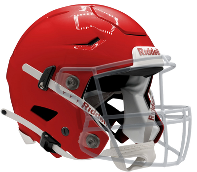 Red football helmet with white face mask on a white background