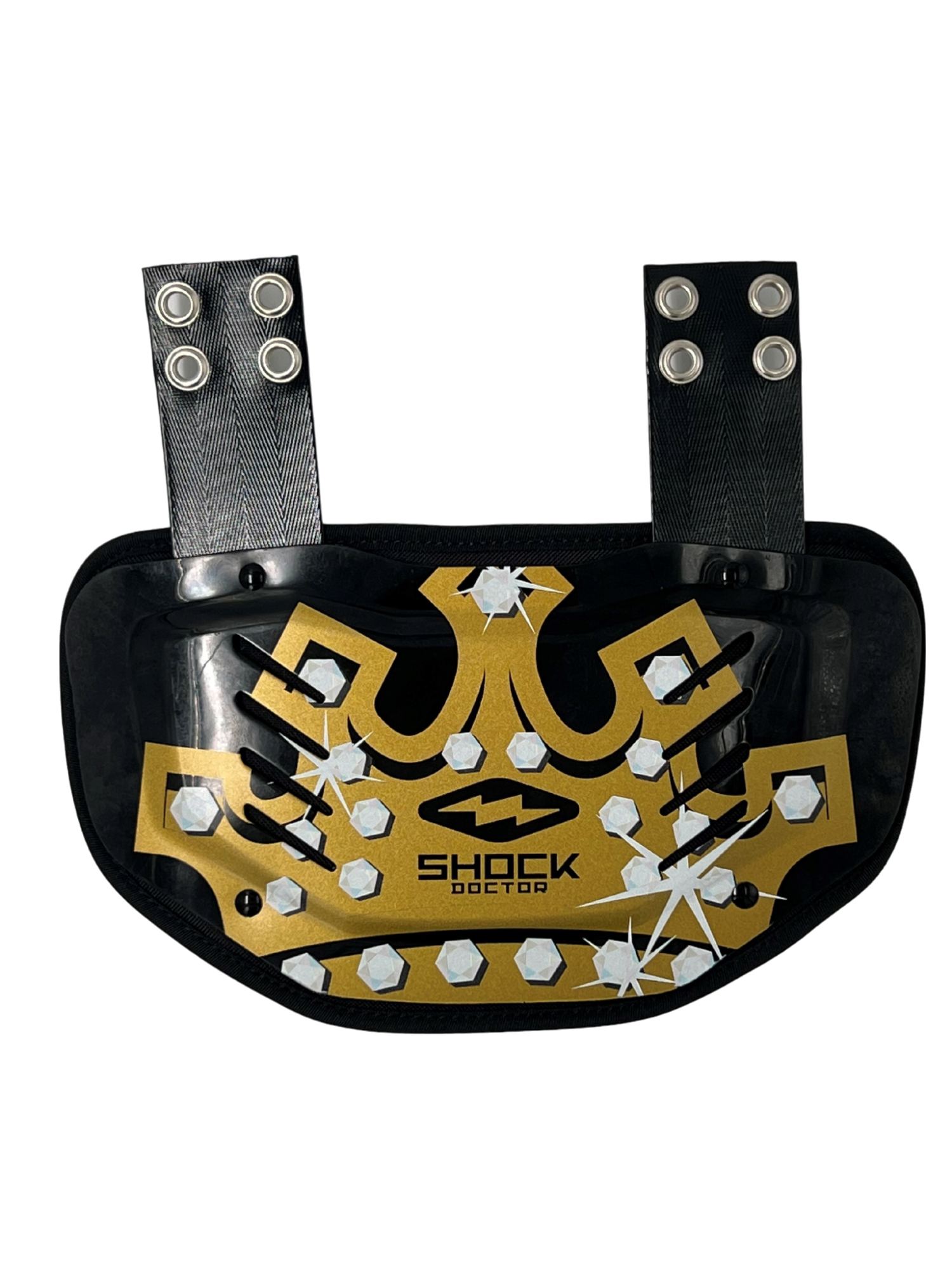 Shock Doctor Black and Gold Showtime back plate for football protection with ventilated foam and durable hardware
