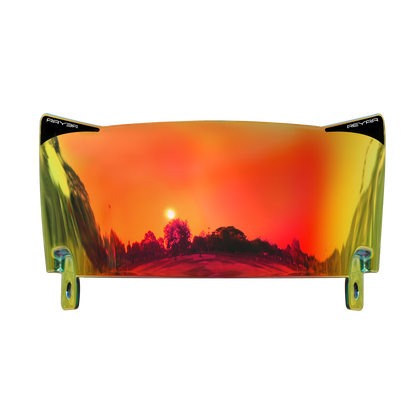 Reyrr VIZU Inferno football visor with ultra-wide, distortion-free red lens for Riddell Speedflex and Schutt F7 helmets, offering UV protection and LuxeXray Optics technology.