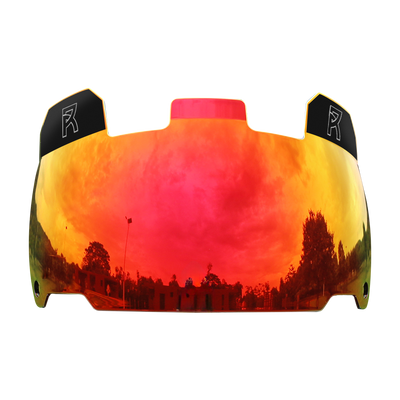 Reyrr Revo Inferno sunglasses with ultra-flexible frames, enhanced peripheral vision, and UV protective orange-red mirrored lenses.