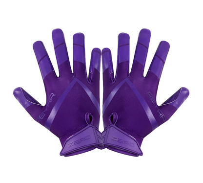 Purple Reyrr Zero gloves with Reyrr GripTech technology for enhanced grip and breathable nylon back, designed for football and floorball players.