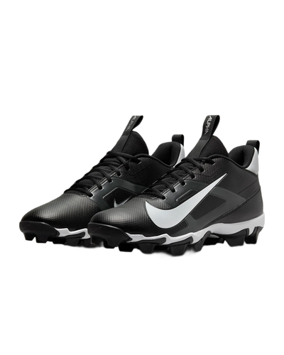 Nike Alpha Menace 4 Shark black and white football cleats with breathable mesh and synthetic leather.