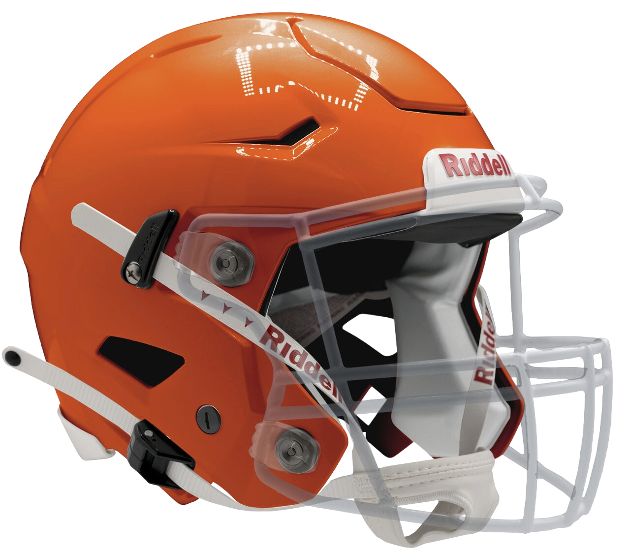 Orange Riddell SpeedFlex football helmet with white facemask and red Riddell logo on a transparent background.