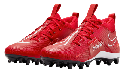 Red Nike Alpha Menace Varsity 3 football cleats with black studs and white Nike swoosh logo