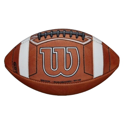 Wilson GST Prime brown American football with white stripes and black laces, featuring enhanced grip and control design.