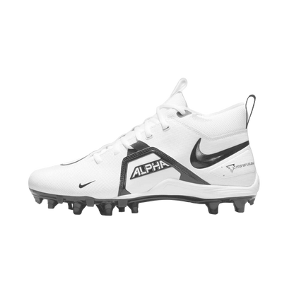 Nike Alpha Menace Varsity 3 white football cleat with black accents and studded sole for agility and stability