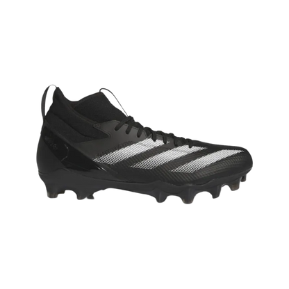 Black Adidas Adizero Impact Mid American football cleats with synthetic upper and cleated outsole, made with recycled materials.