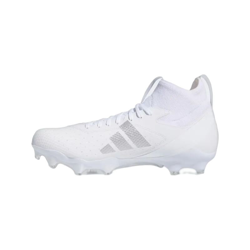 White Adidas Adizero Impact Mid American football cleats with synthetic upper and cleated outsole, eco-friendly design with recycled materials.