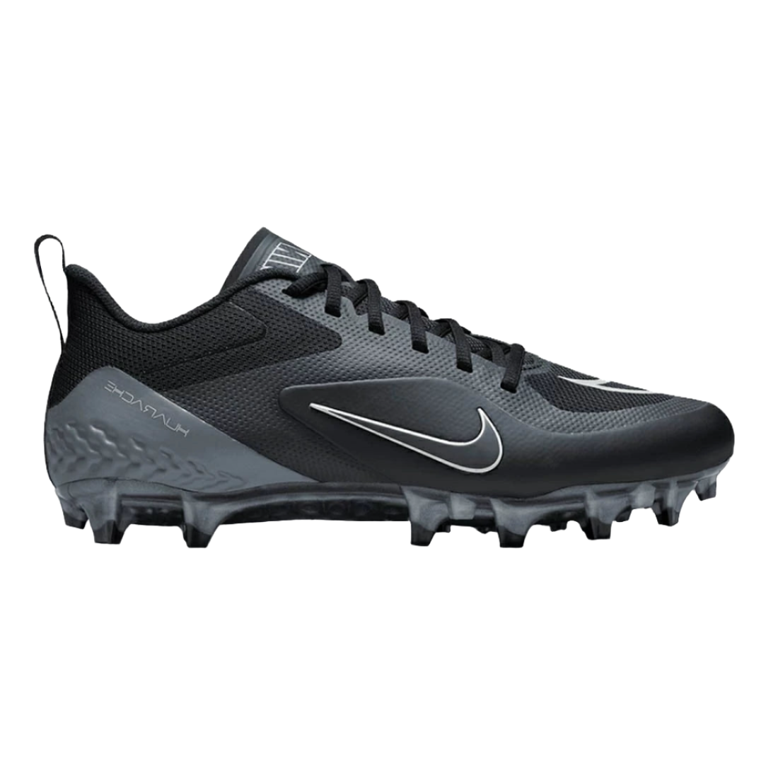 Nike Alpha Huarache 8 Pro black football cleat with lightweight React foam and flexible TPU plate for stability and comfort.