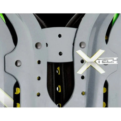 Close-up of Xtech X2 Standard Shoulder Pads showing gray protective plating and XTECH logo