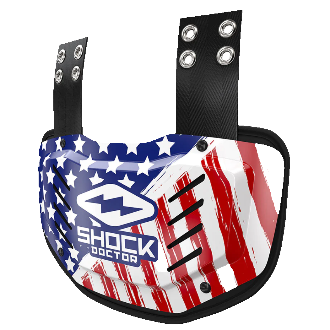 Shock Doctor Showtime USA back plate with American flag design for football protection