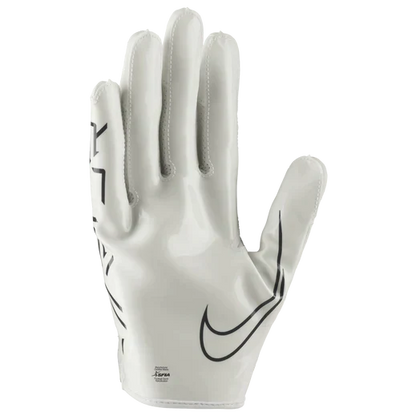 White Nike Vapor Jet 7 football glove with black swoosh logo and streamlined design for improved grip and breathability